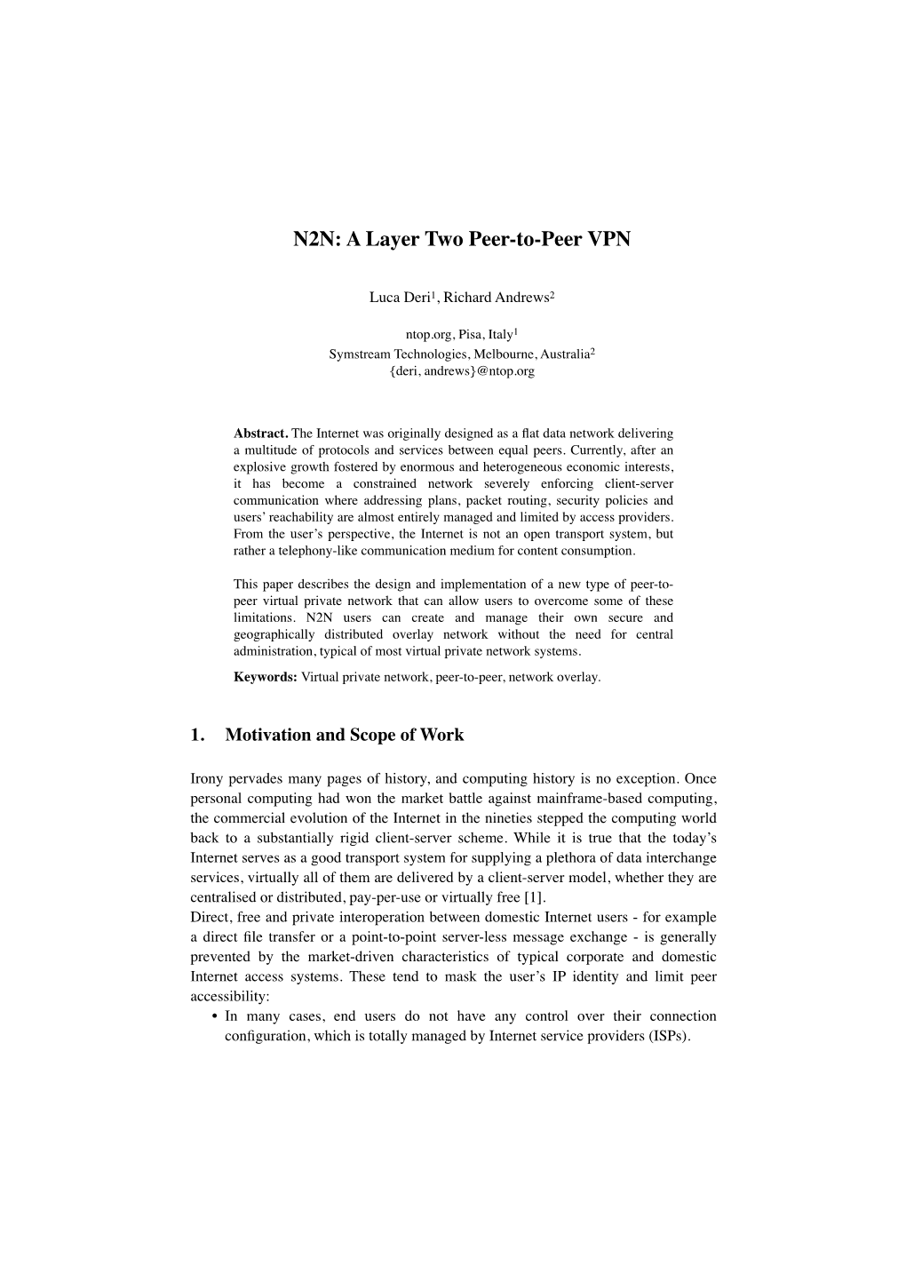 N2N: a Layer Two Peer-To-Peer VPN