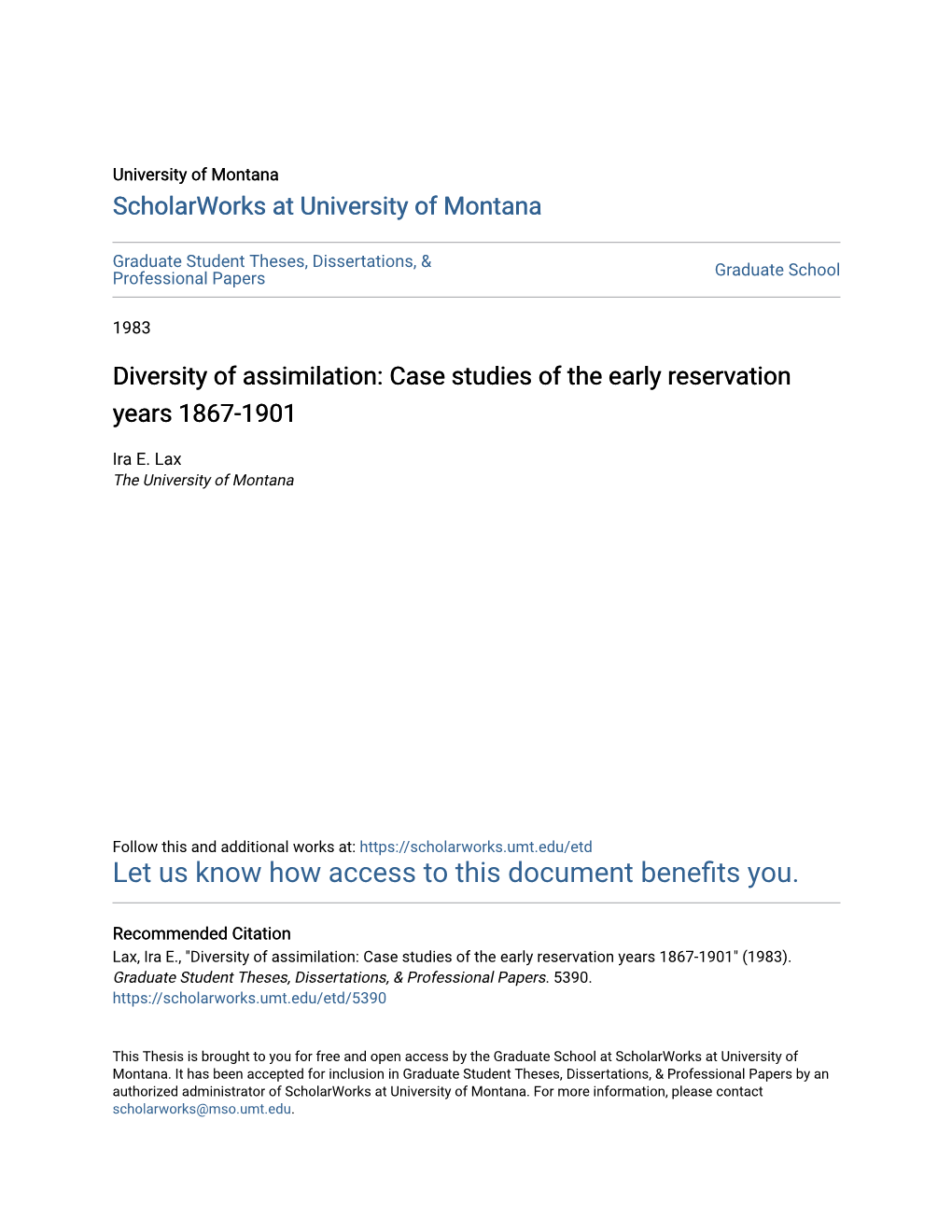 Case Studies of the Early Reservation Years 1867-1901