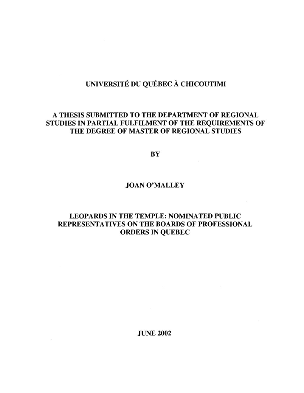 Université Du Quebec a Chicoutimi a Thesis