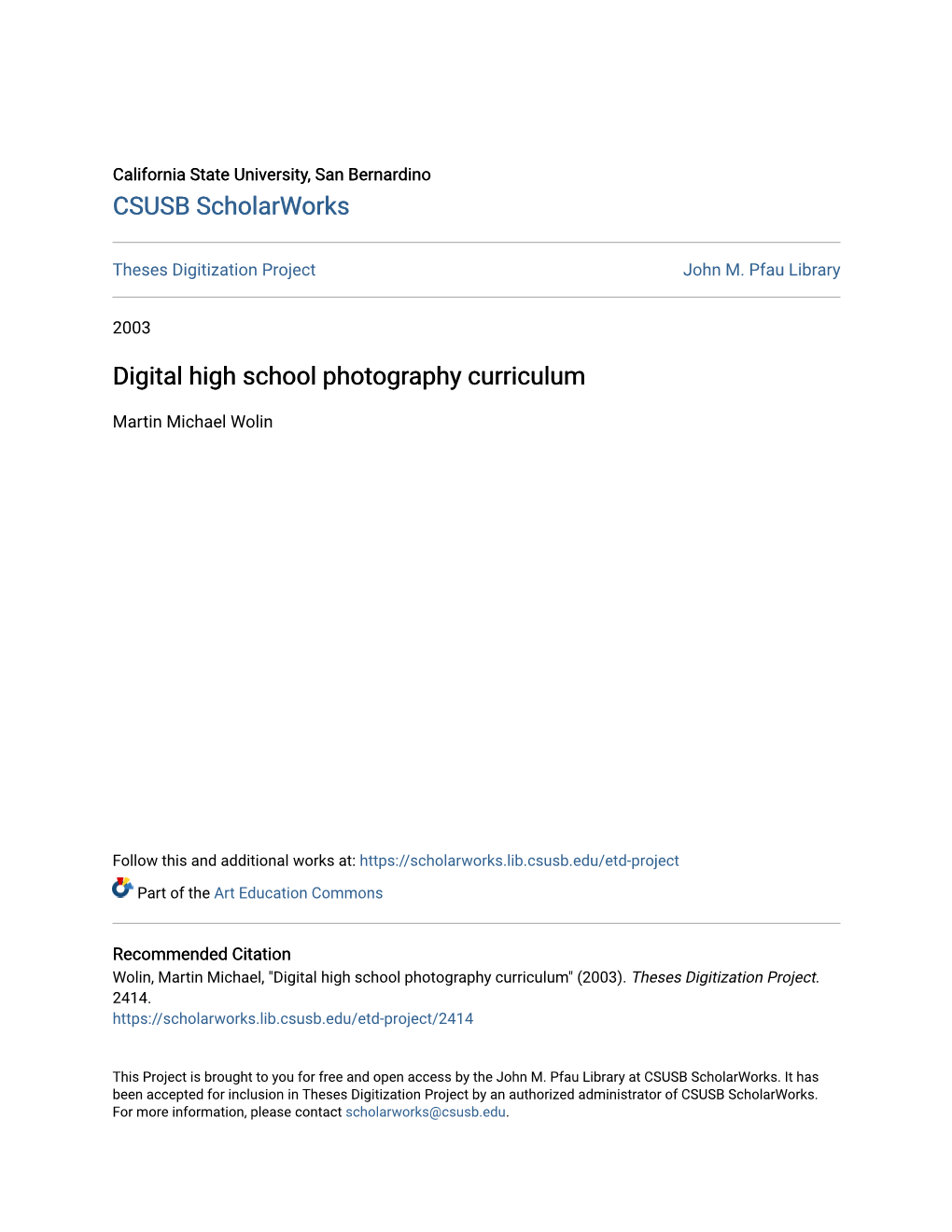 Digital High School Photography Curriculum