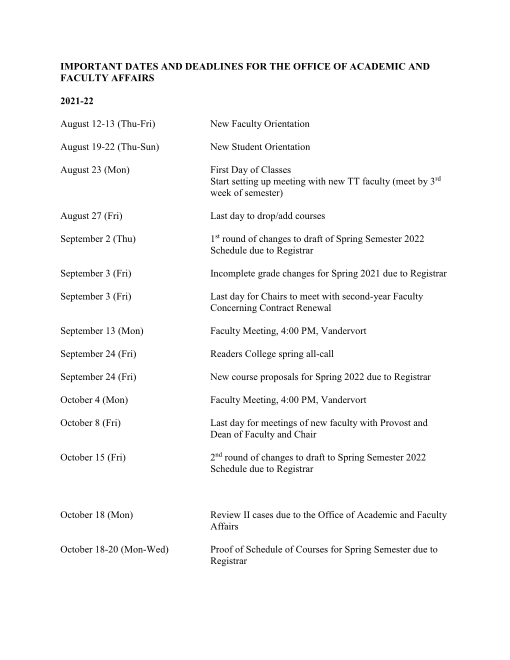 Important Dates and Deadlines for the Office of Academic and Faculty Affairs