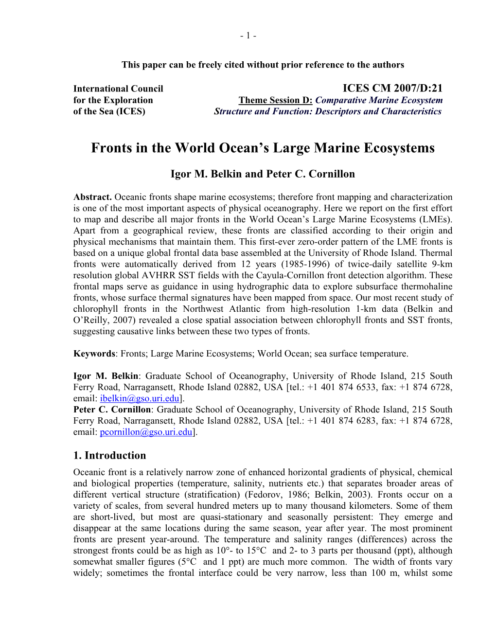 Fronts in the World Ocean's Large Marine Ecosystems. ICES CM 2007