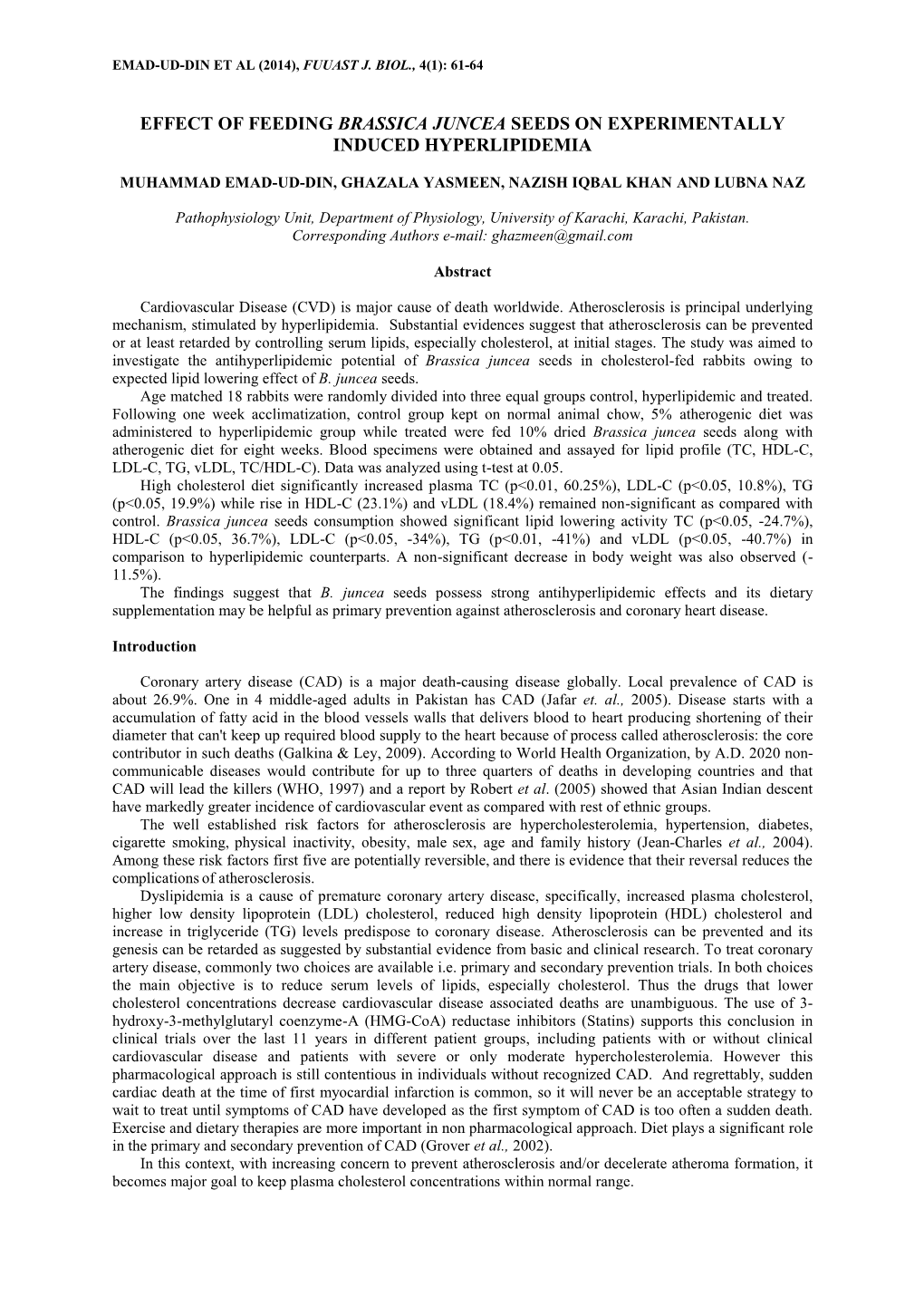 Effect of Feeding Brassica Juncea Seeds on Experimentally Induced Hyperlipidemia