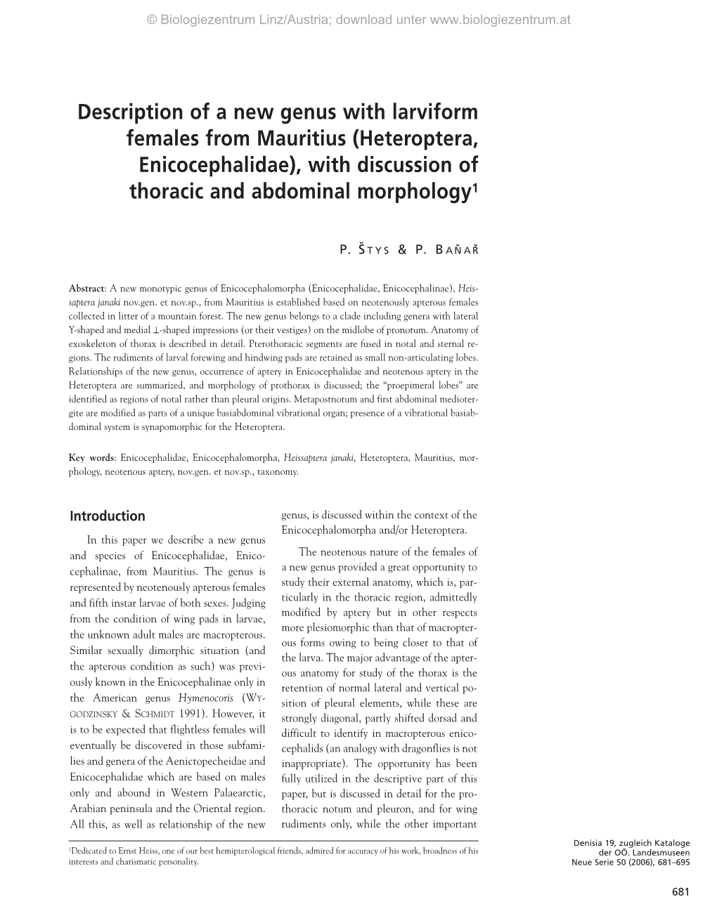 (Heteroptera, Enicocephalidae), with Discussion of Thoracic and Abdominal Morphology1