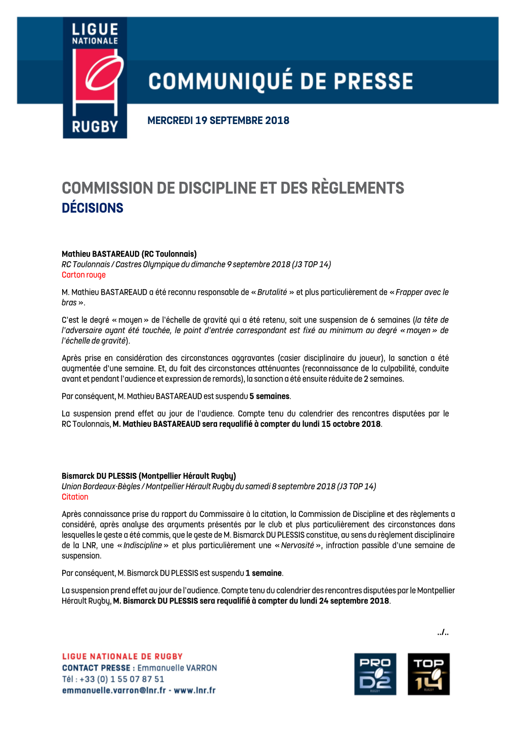 Commission De Discipline Et Des Règlements Décisions