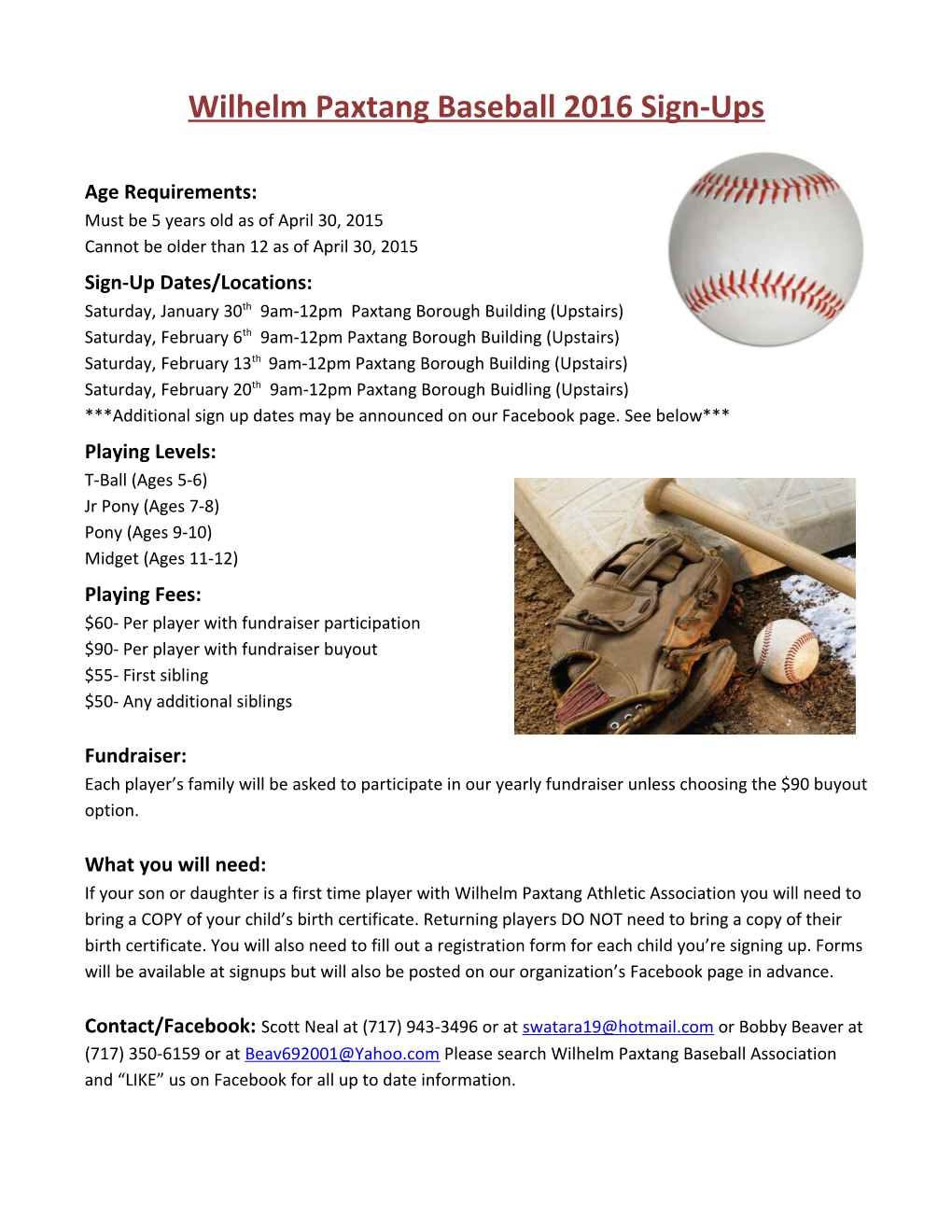 Wilhelm Paxtang Baseball 2016 Sign-Ups