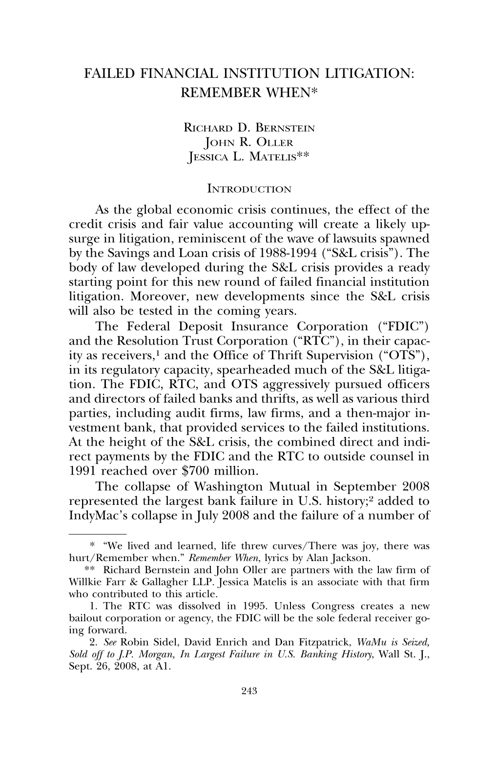 Failed Financial Institution Litigation: Remember When*