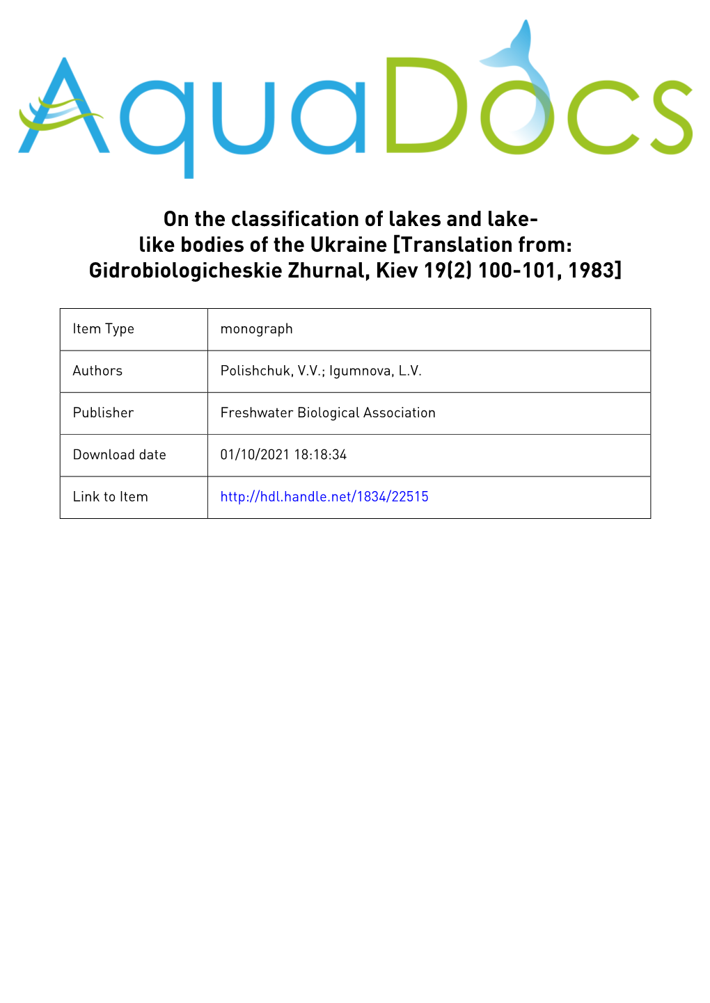 On the Classification of Lakes and Lake-Like Water- Bodies of the Ukraine