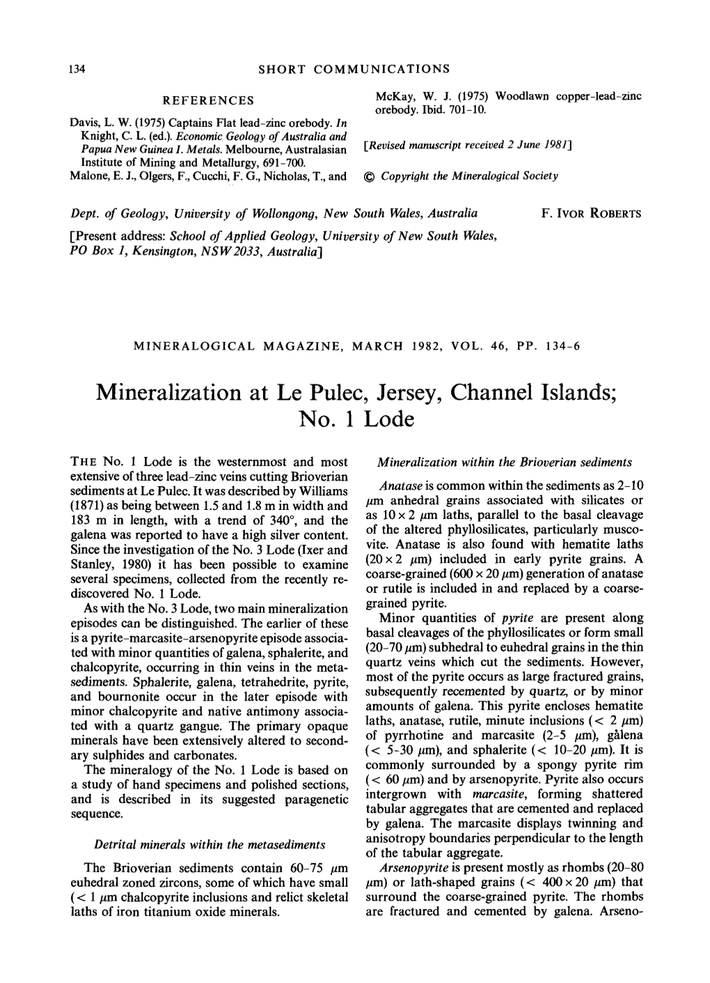 Mineralization at Le Pulec, Jersey, Channel Islands; No. 1 Lode