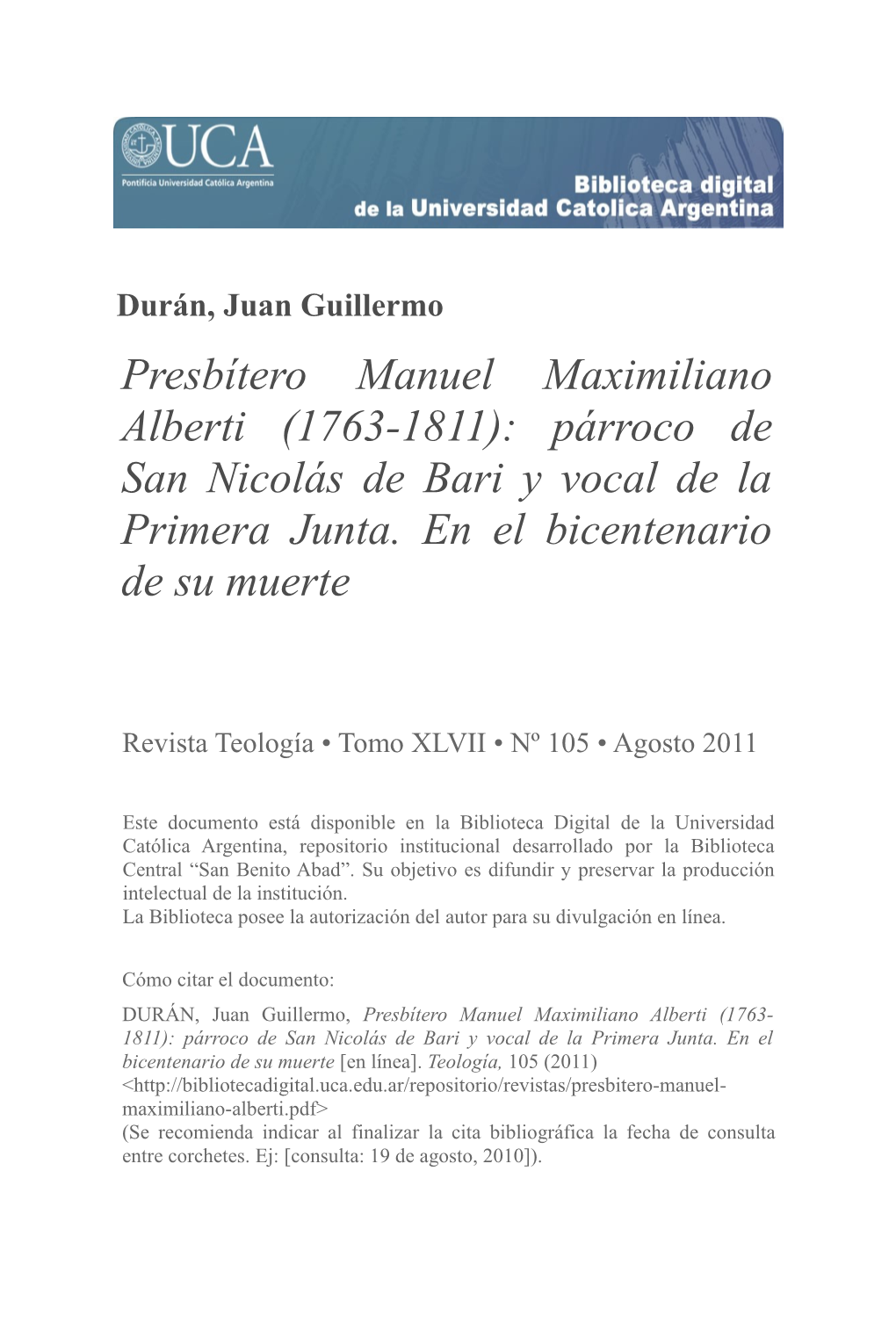 Presbítero Manuel Maximiliano Alberti (1763-1811): Párroco De San Nicolás De Bari Y Vocal De La Primera Junta