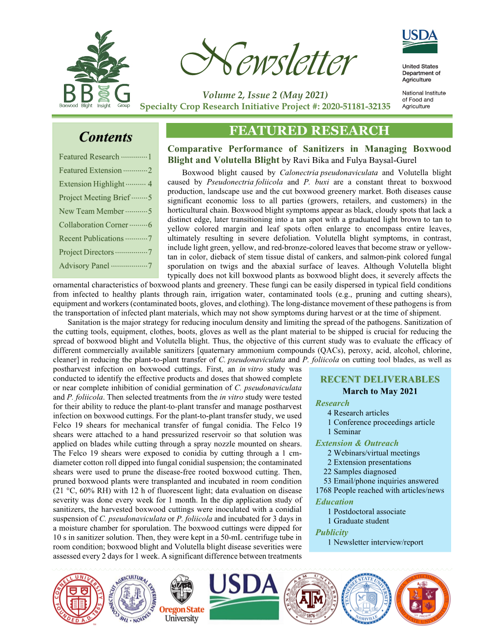 Newsletter Volume 2, Issue 2 (May 2021) Specialty Crop Research Initiative Project #: 2020-51181-32135