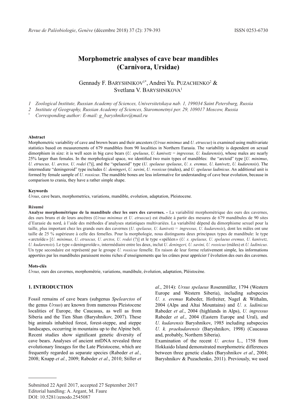 Morphometric Analyses of Cave Bear Mandibles (Carnivora, Ursidae)