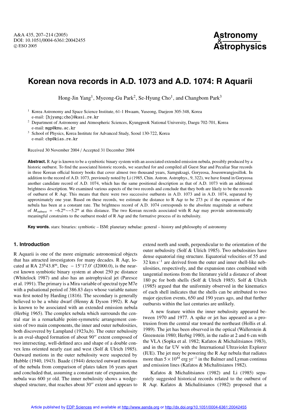 Korean Nova Records in A.D. 1073 and A.D. 1074: R Aquarii