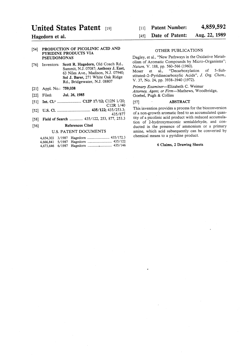 United States Patent (19) (11 Patent Number: 4859,592 Hagedorn Et Al