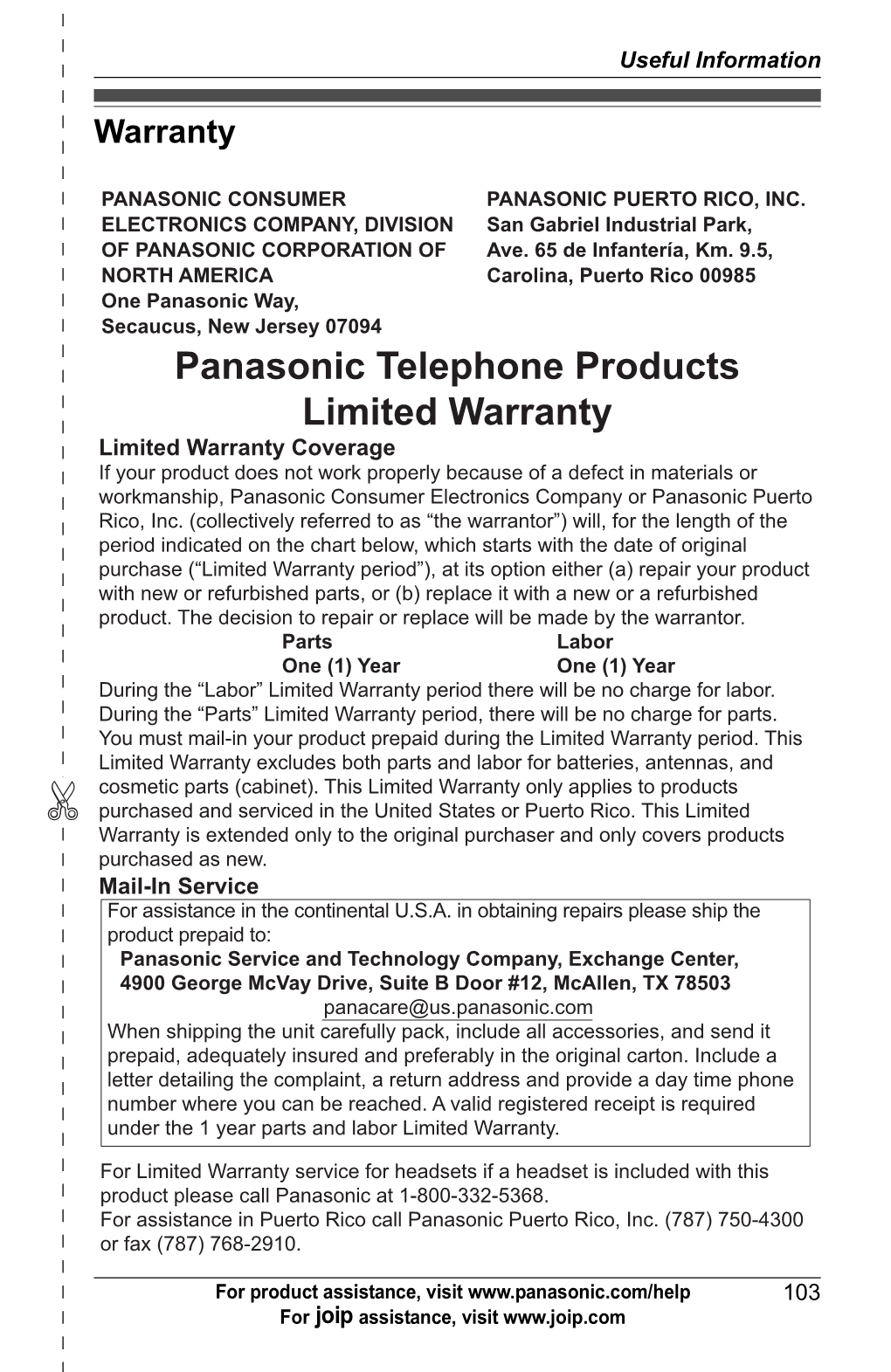 Panasonic Telephone Products Limited Warranty