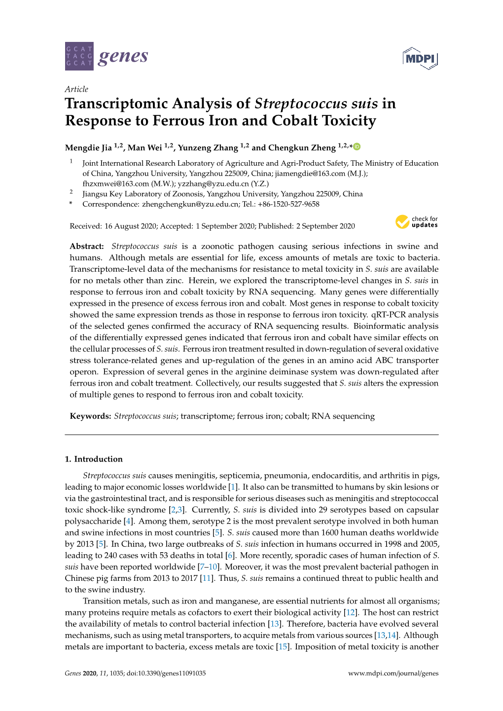 Transcriptomic Analysis of Streptococcus Suis in Response to Ferrous Iron and Cobalt Toxicity