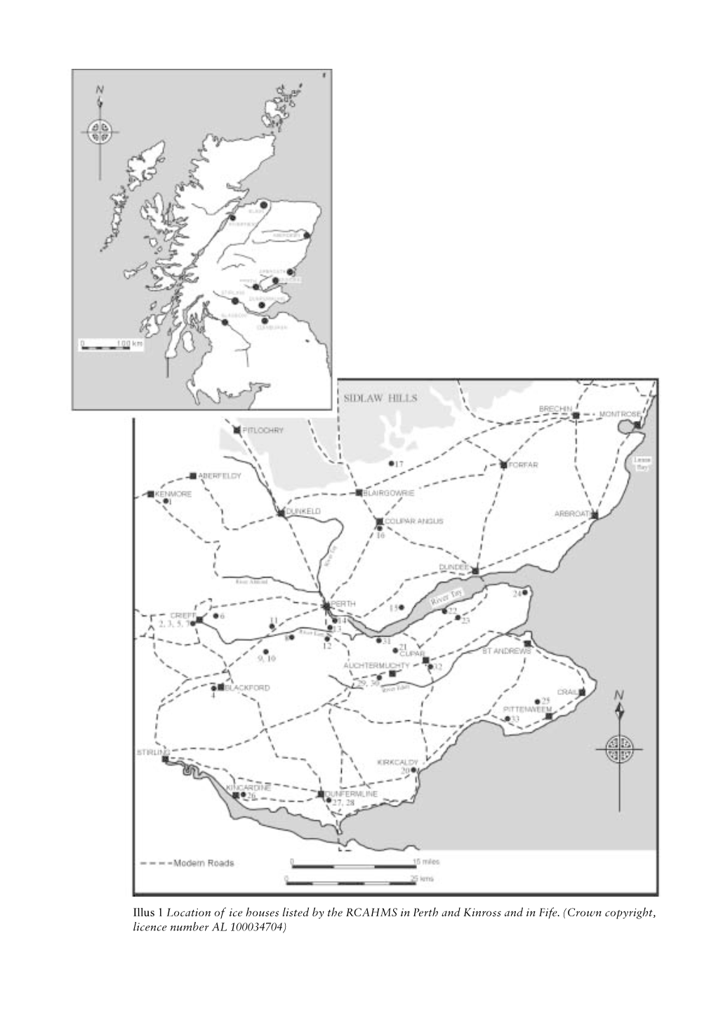 Illus 1 Location of Ice Houses Listed by the RCAHMS in Perth and Kinross and in Fife