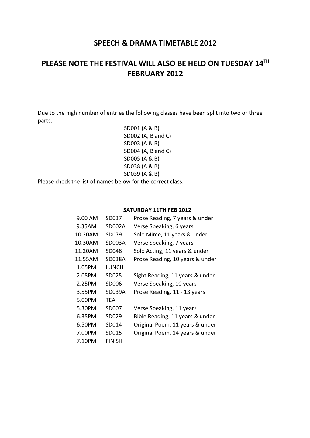 Speech & Drama Timetable 2012