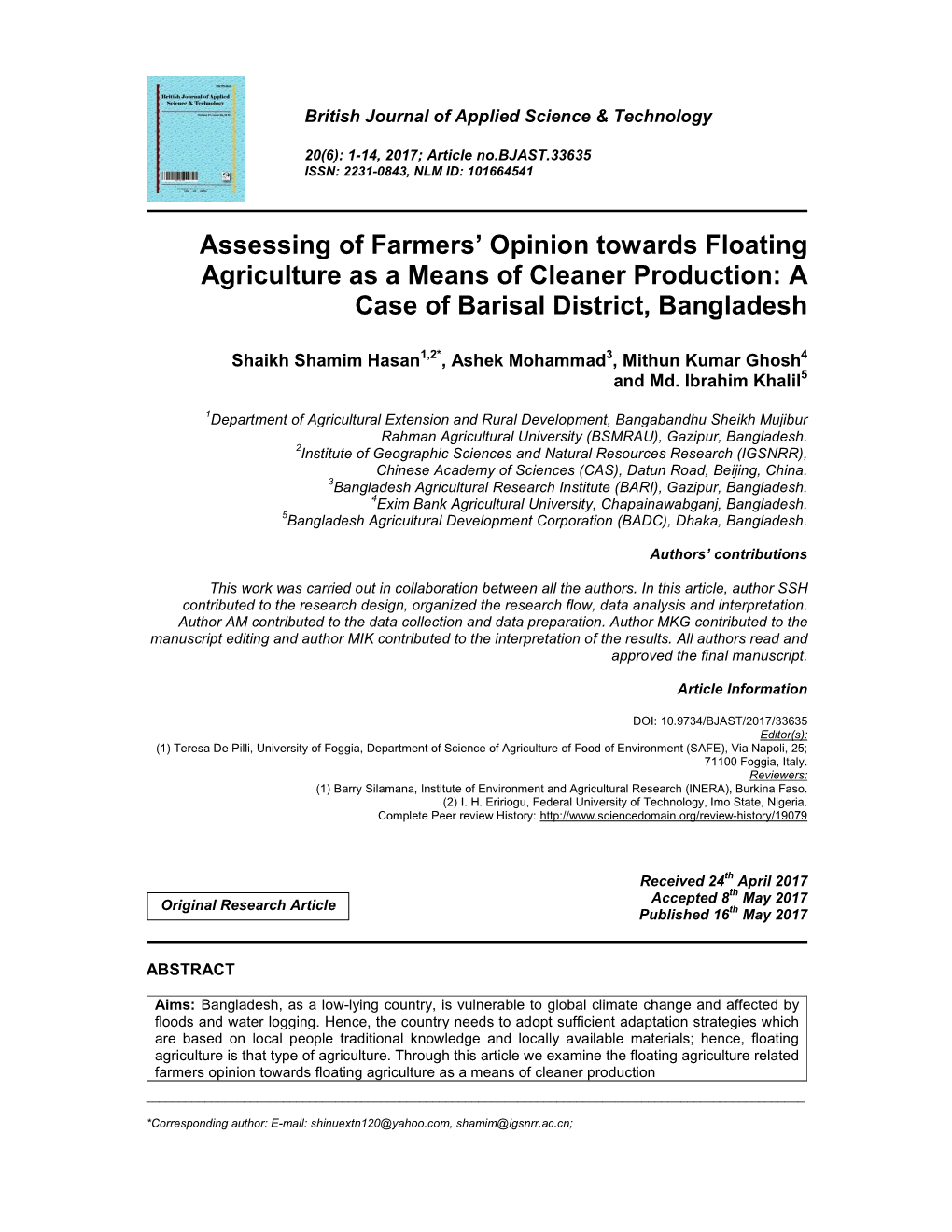 Assessing of Farmers' Opinion Towards Floating Agriculture As a Means of Cleaner Production