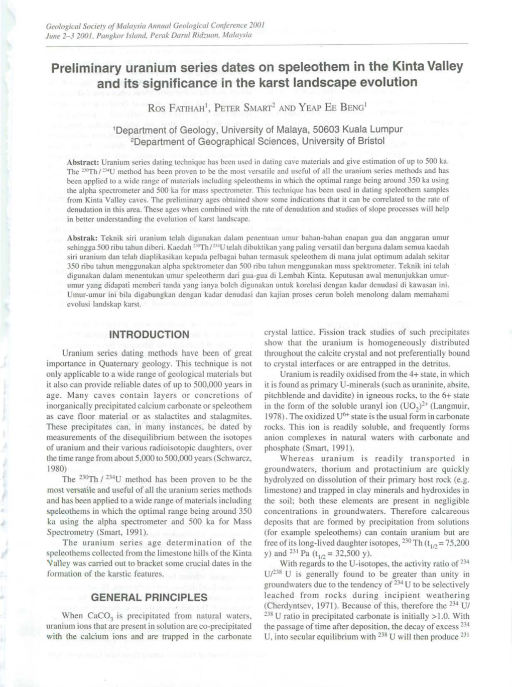 Preliminary Uranium Series Dates on Speleothem in the Kinta Valley and Its Significance in the Karst Landscape Evolution