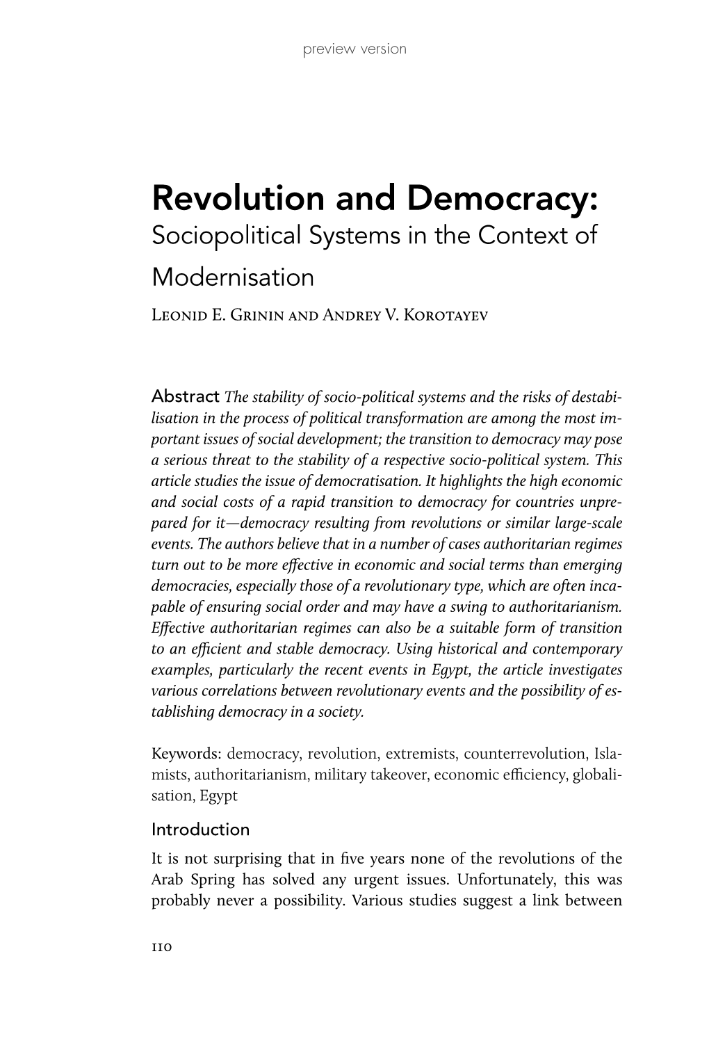 Revolution and Democracy: Sociopolitical Systems in the Context of Modernisation Leonid E