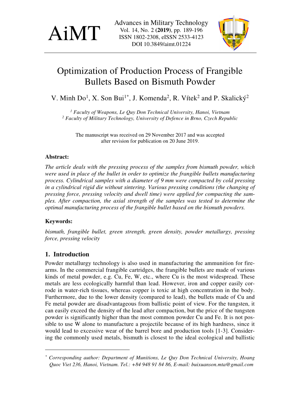 Optimization of Production Process of Frangible Bullets Based on Bismuth Powder