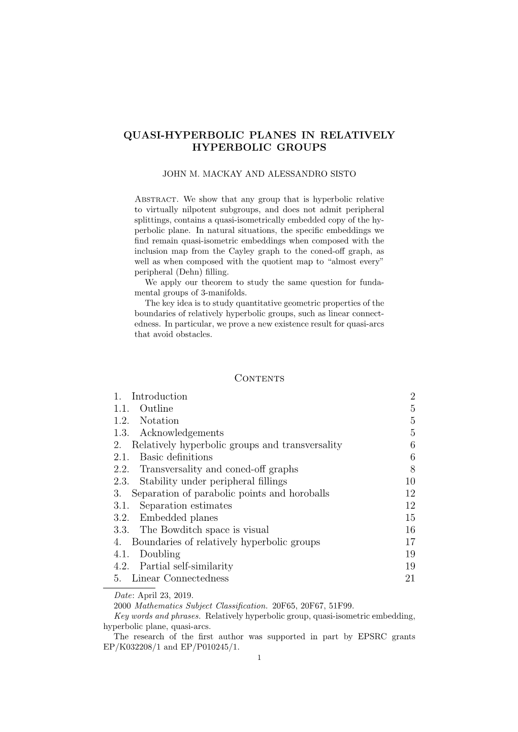 Quasi-Hyperbolic Planes in Relatively Hyperbolic Groups