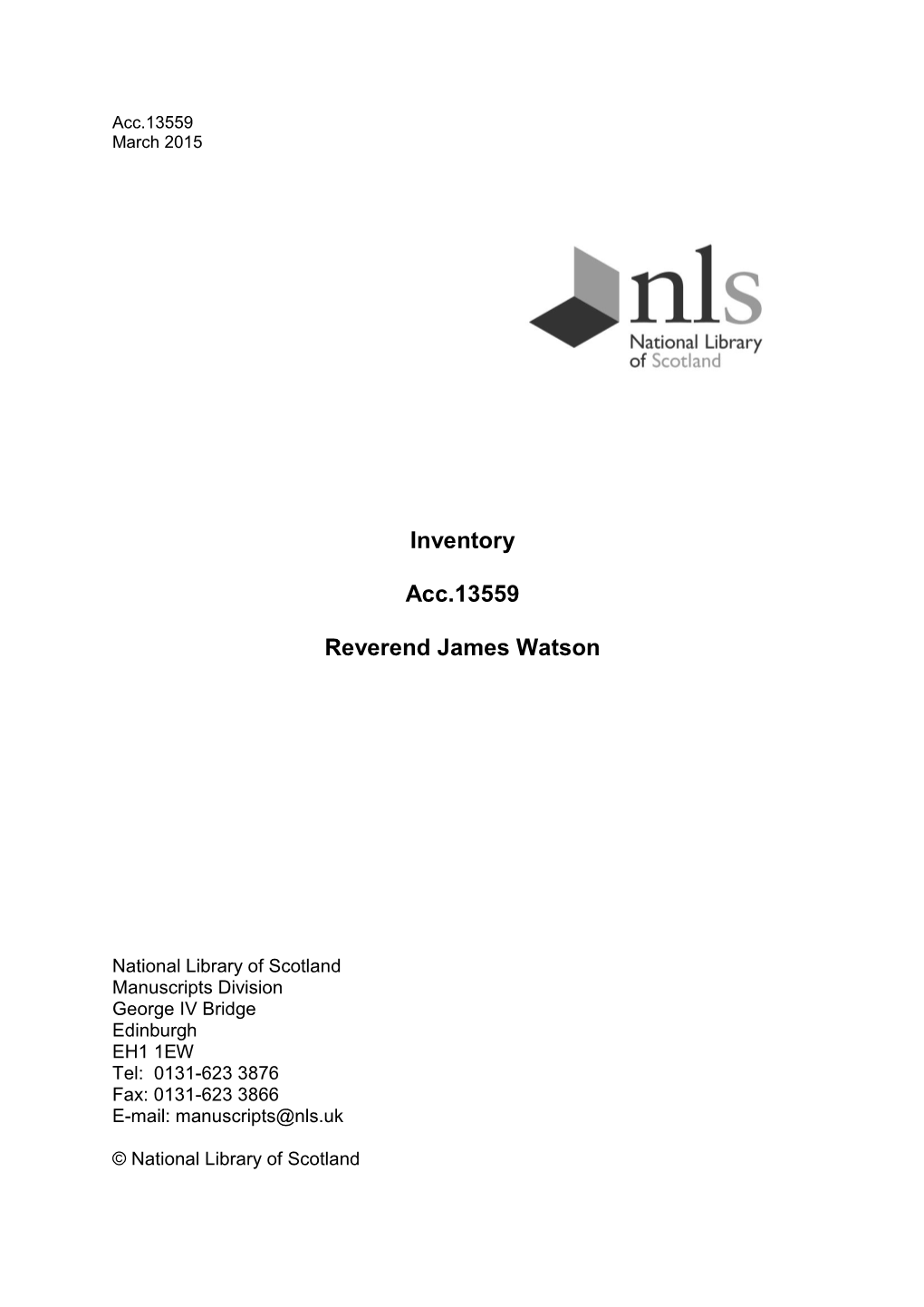 Inventory Acc.13559 Reverend James Watson