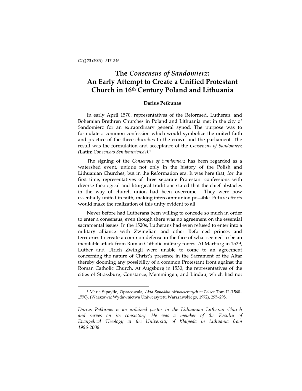 The Consensus of Sandomierz: an Early Attempt to Create a Unified Protestant Church in 16Th Century Poland and Lithuania