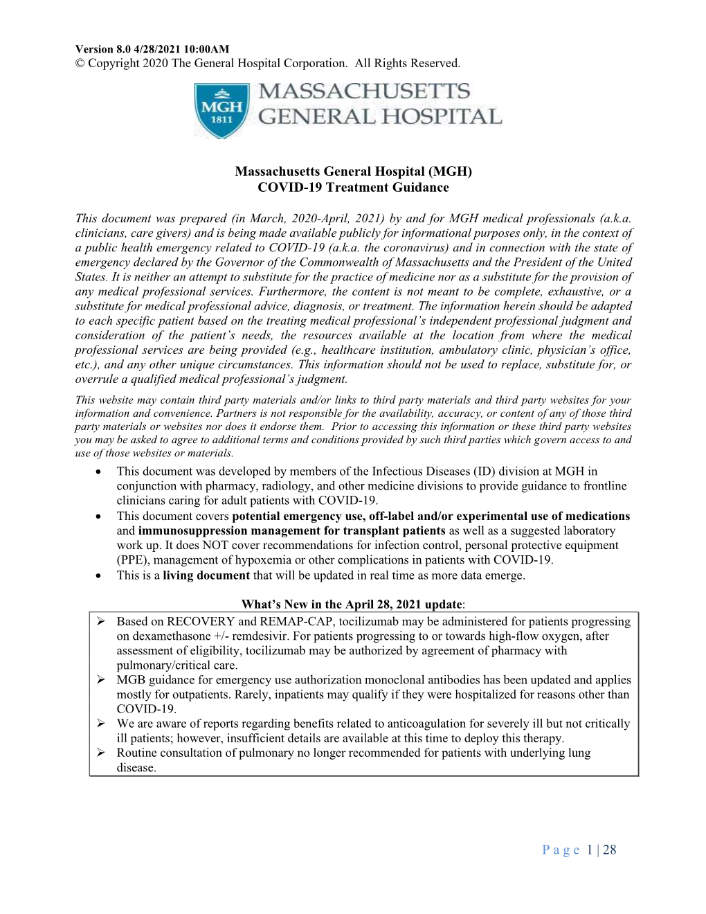 (MGH) COVID-19 Treatment Guidance