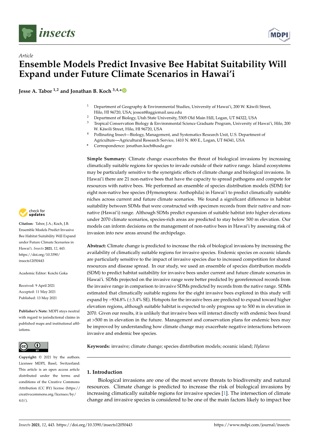 Ensemble Models Predict Invasive Bee Habitat Suitability Will Expand Under Future Climate Scenarios in Hawai’I