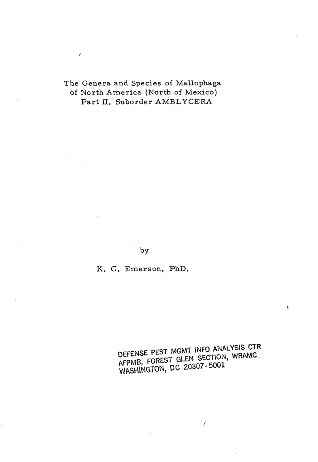 Checklist of the Mallophaga of North America (North of Mexico), Which Reflects the Taxonomic Studies Published Since That Date