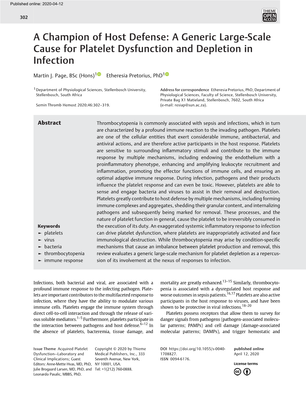 A Generic Large-Scale Cause for Platelet Dysfunction and Depletion in Infection