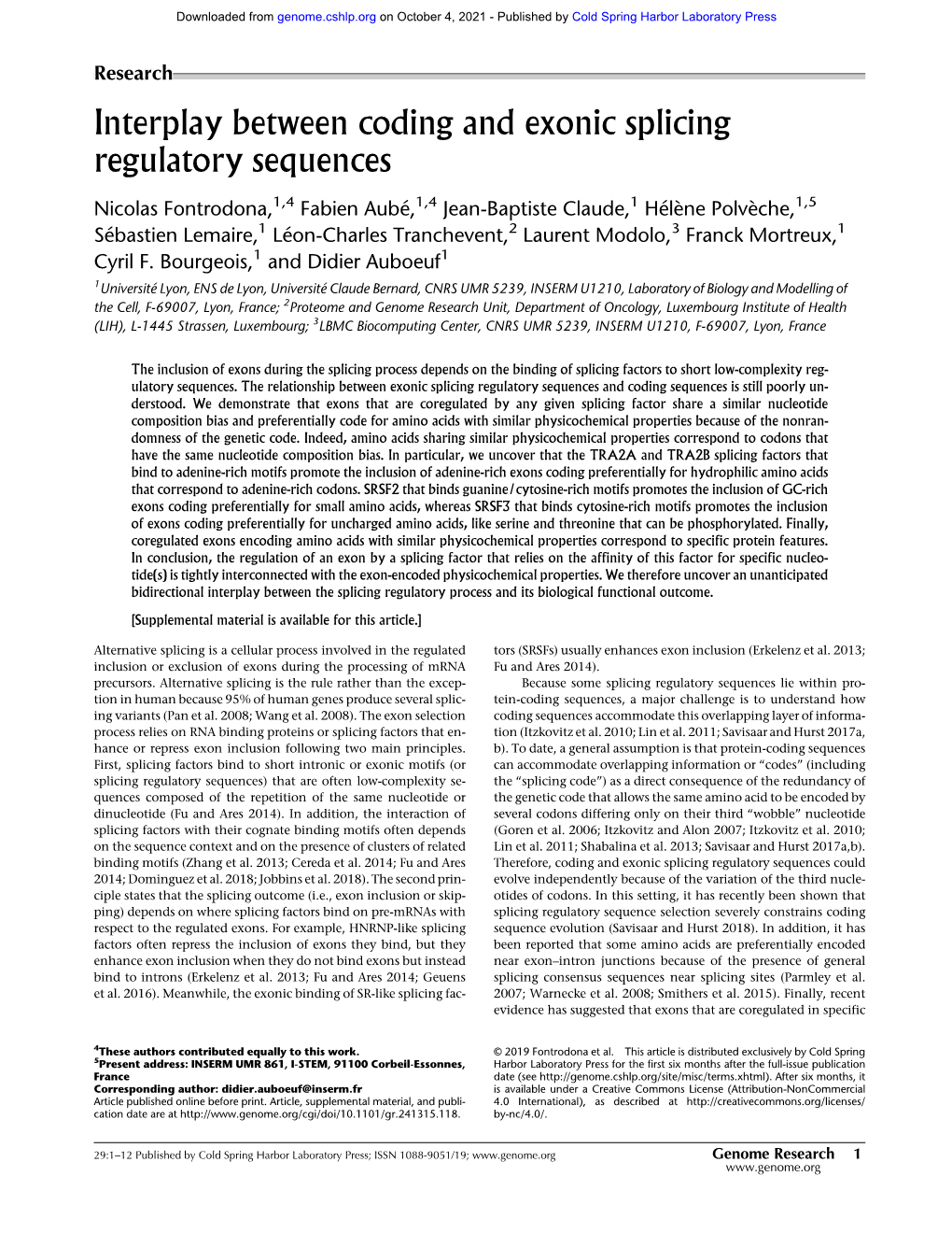 Interplay Between Coding and Exonic Splicing Regulatory Sequences