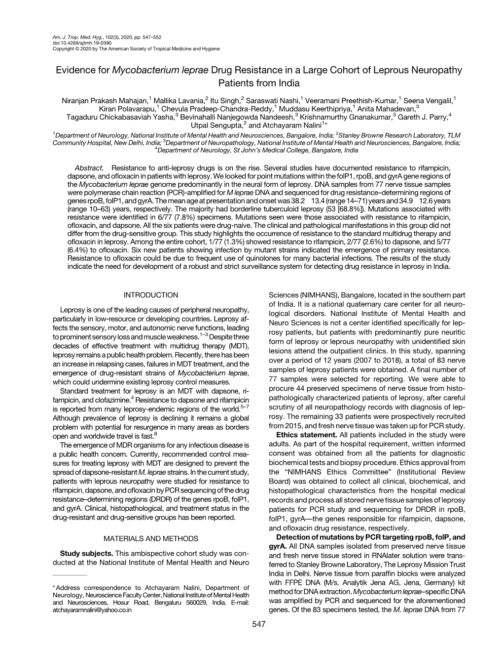 Evidence for Mycobacterium Leprae Drug Resistance in a Large Cohort of Leprous Neuropathy Patients from India