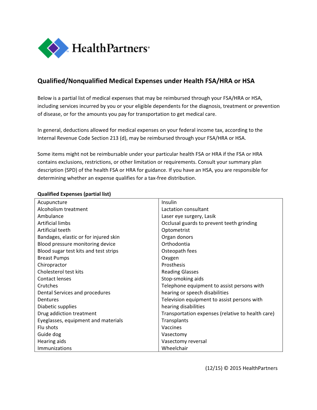 Qualified/Nonqualified Medical Expenses Under Health FSA/HRA Or HSA