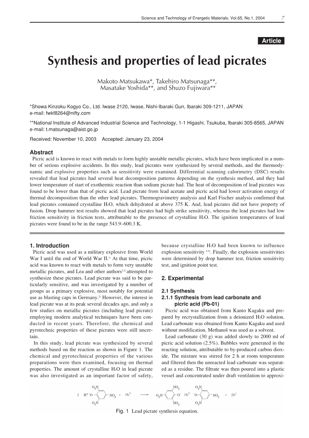 Synthesis and Properties of Lead Picrates