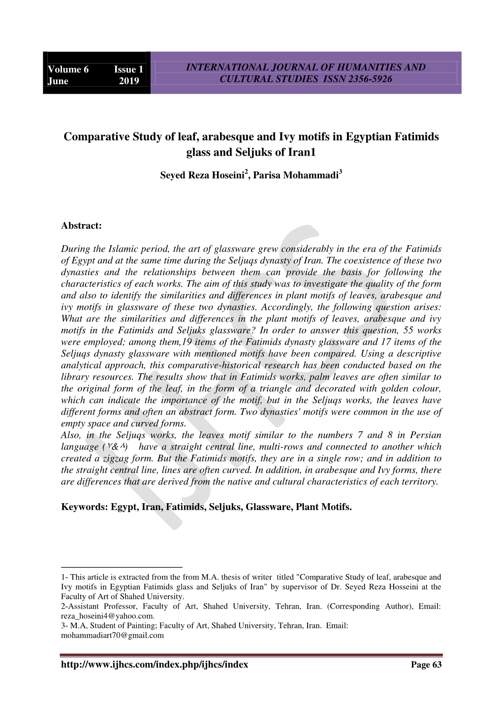 Comparative Study of Leaf, Arabesque and Ivy Motifs in Egyptian Fatimids Glass and Seljuks of Iran1