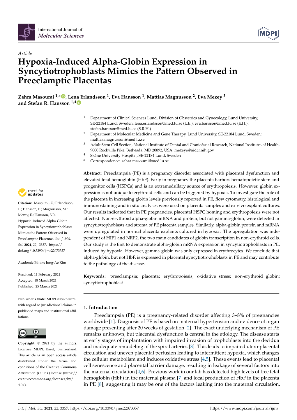 Hypoxia-Induced Alpha-Globin Expression in Syncytiotrophoblasts Mimics the Pattern Observed in Preeclamptic Placentas