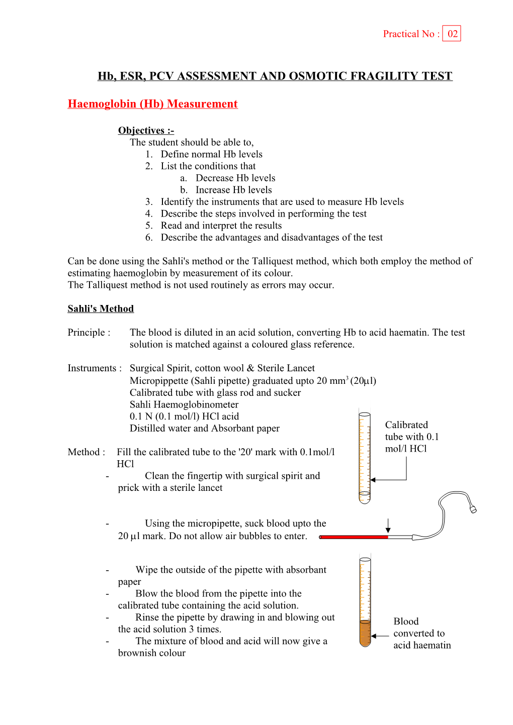 Hb, ESR, PCV ASSESSMENT AND OSMOTIC FRAGILITY TEST