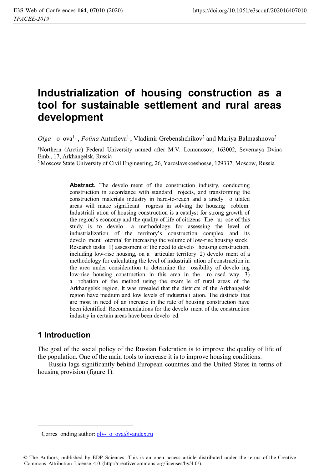 Industrialization of Housing Construction As a Tool for Sustainable Settlement and Rural Areas Development