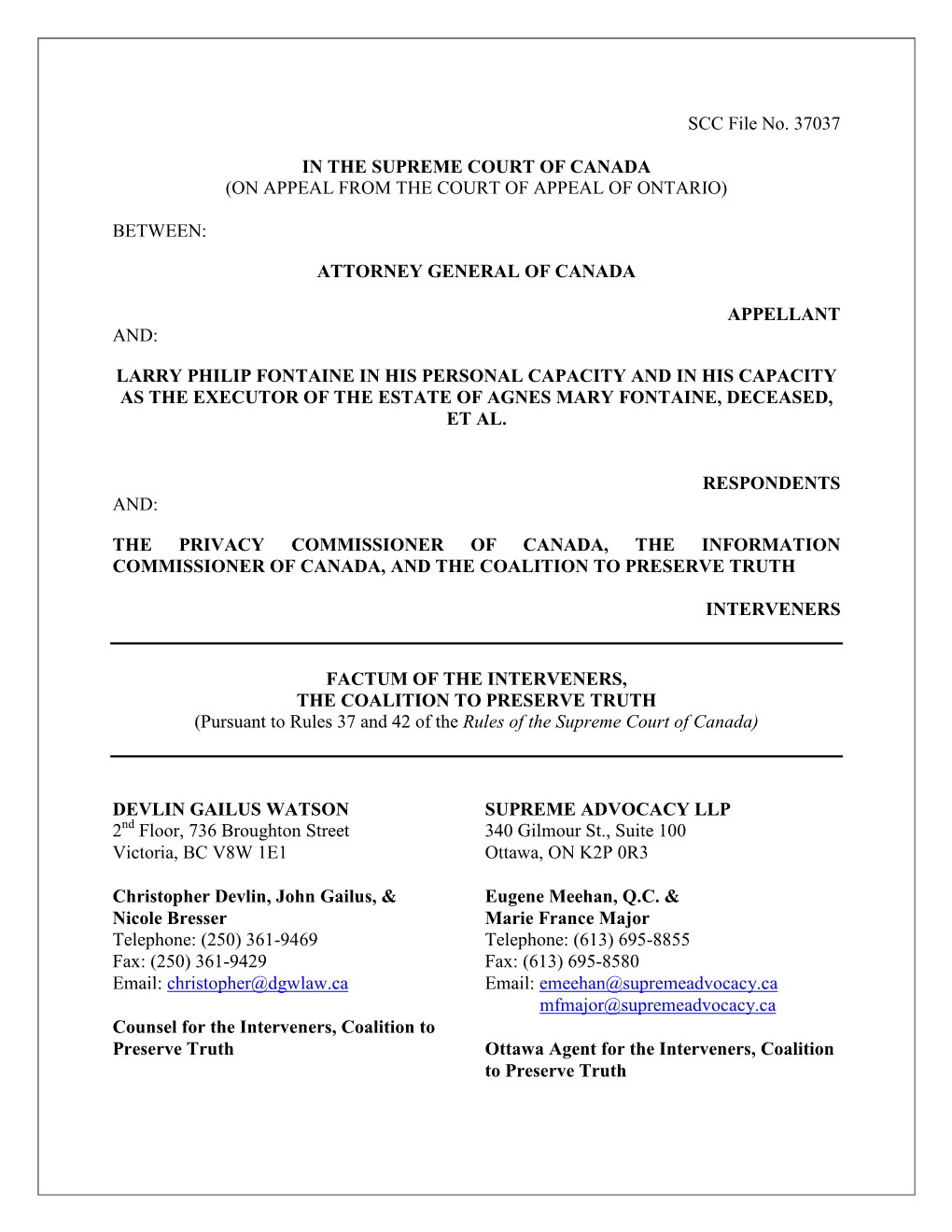 SCC File No. 37037 in the SUPREME COURT of CANADA