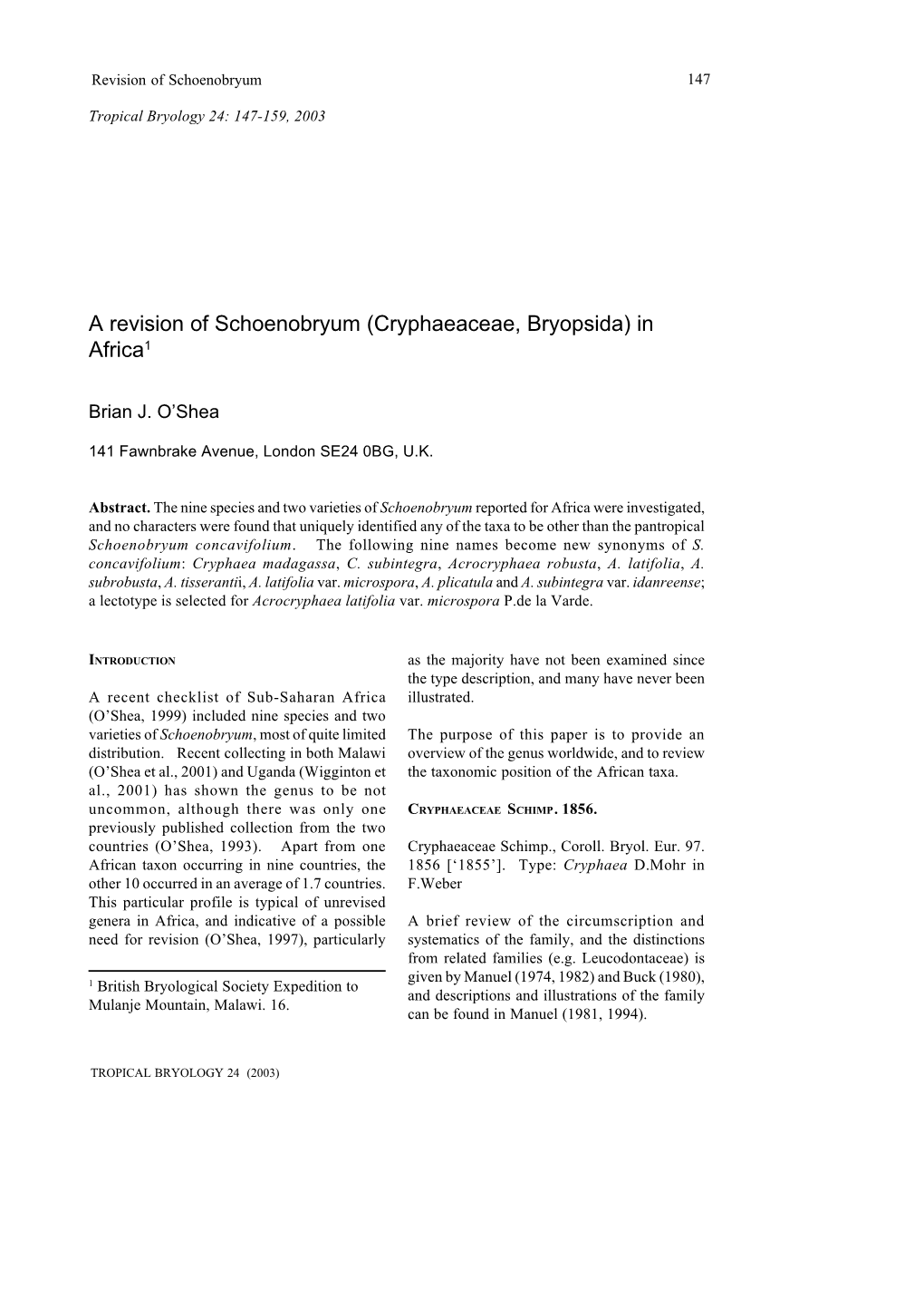 A Revision of Schoenobryum (Cryphaeaceae, Bryopsida) in Africa1