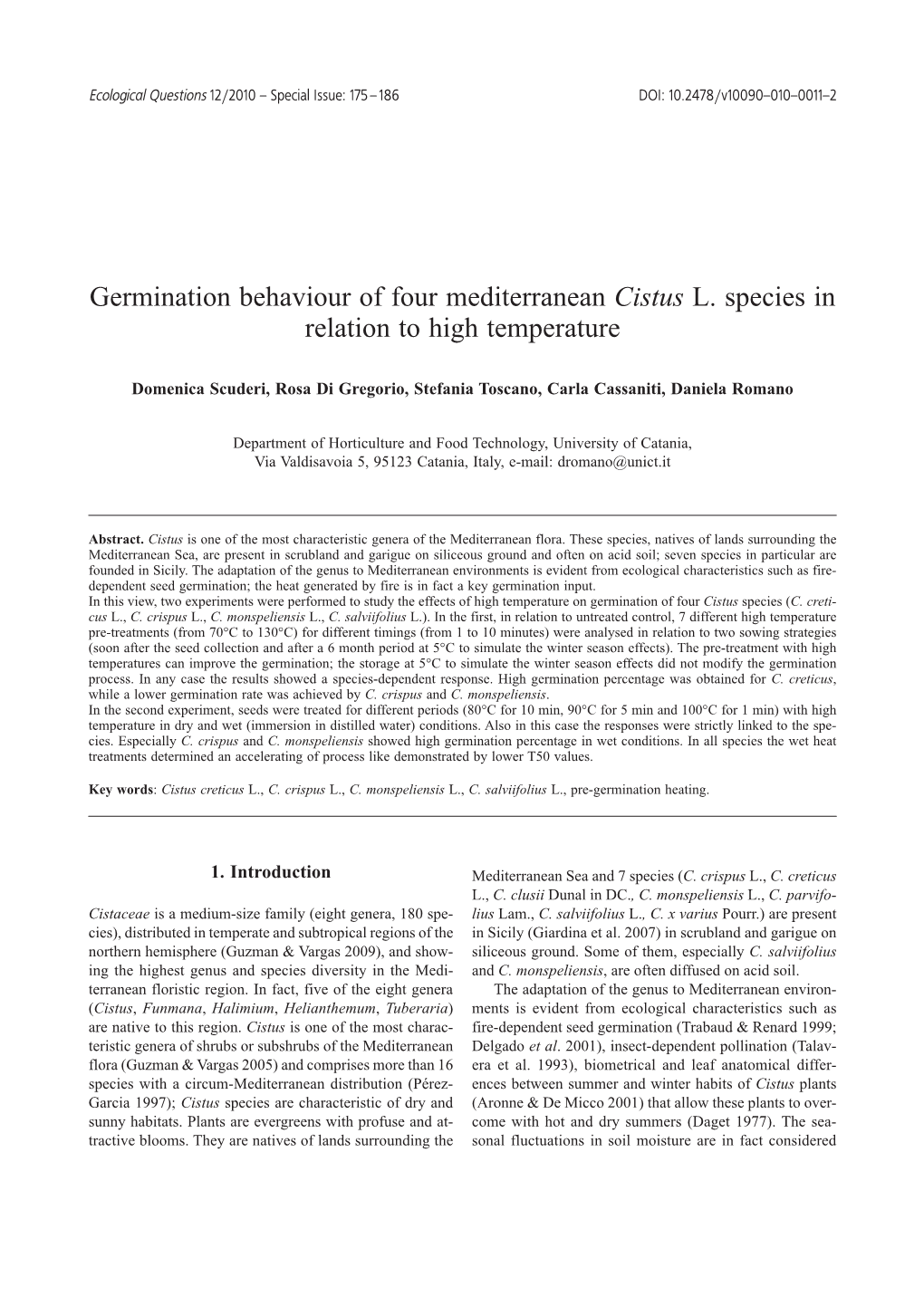 Germination Behaviour of Four Mediterranean Cistus L. Species in Relation to High Temperature