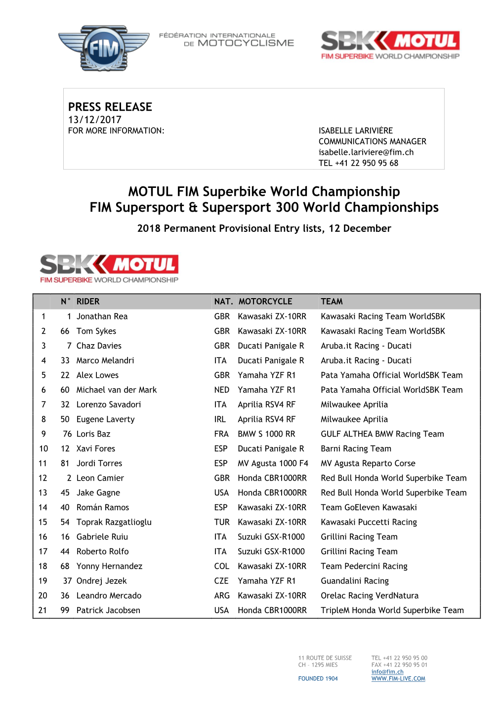 MOTUL FIM Superbike World Championship FIM Supersport & Supersport 300 World Championships 2018 Permanent Provisional Entry Lists, 12 December