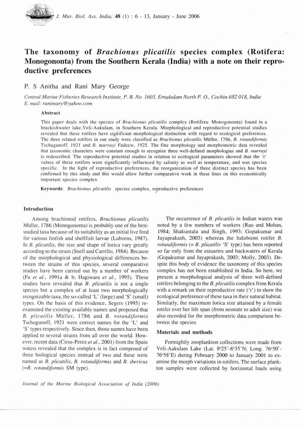 The Taxonomy of Brachionus Plicatilis Species Complex (Rotifera: Monogononta) from the Southern Kerala (India) with a Note on Their Repro- Ductive Preferences