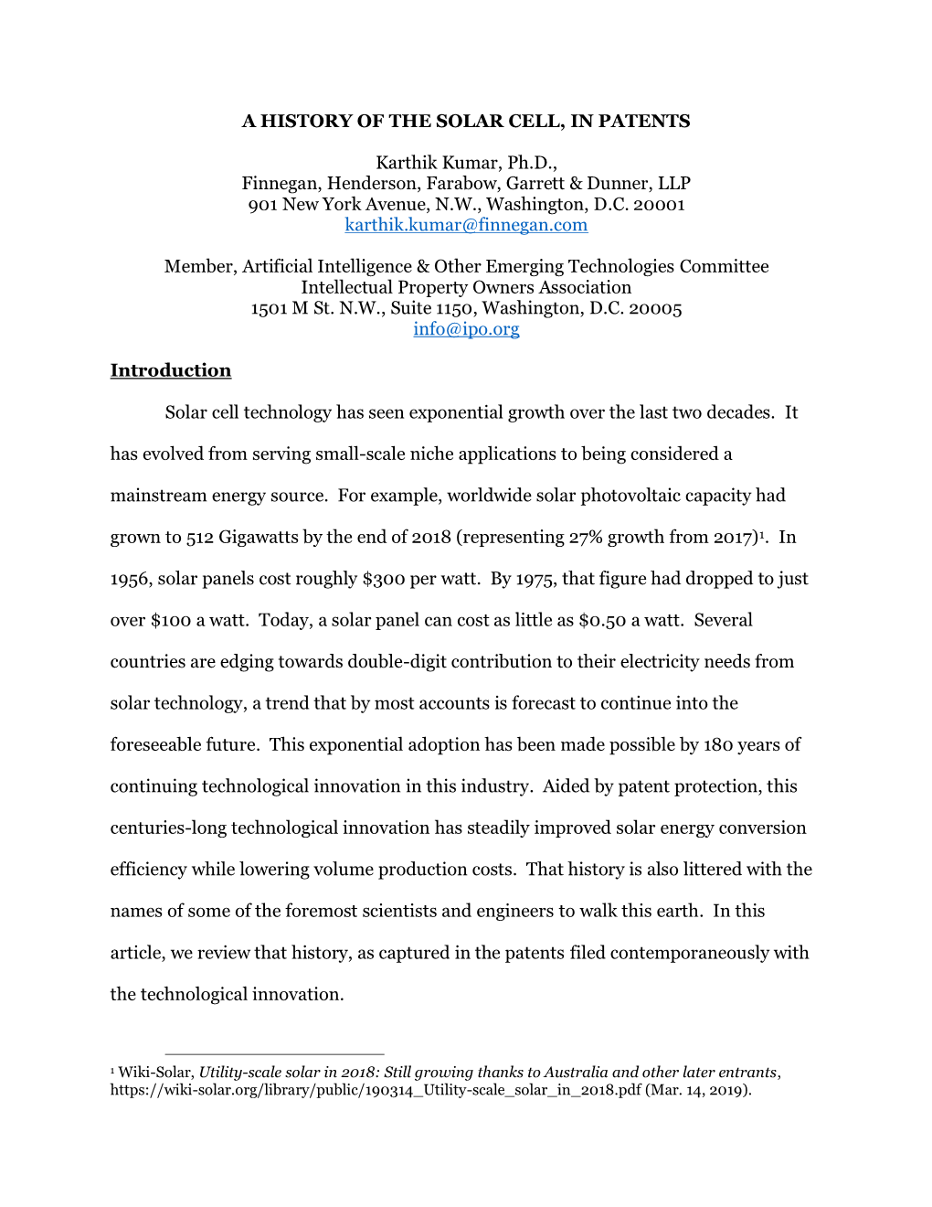 A HISTORY of the SOLAR CELL, in PATENTS Karthik Kumar, Ph.D