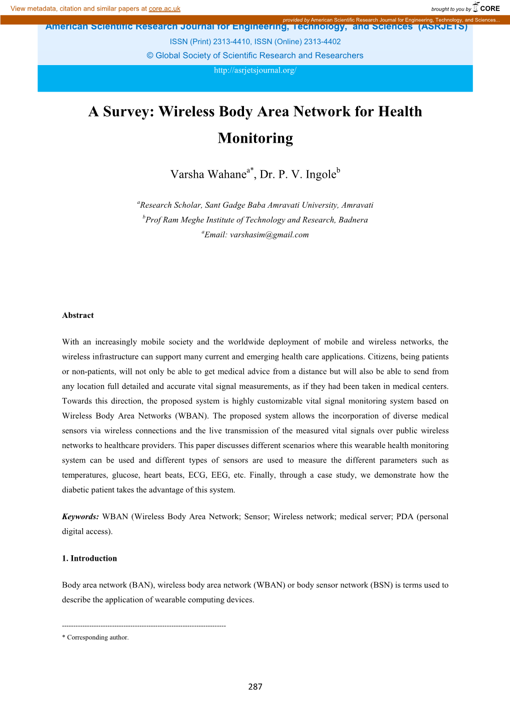 Wireless Body Area Network for Health Monitoring