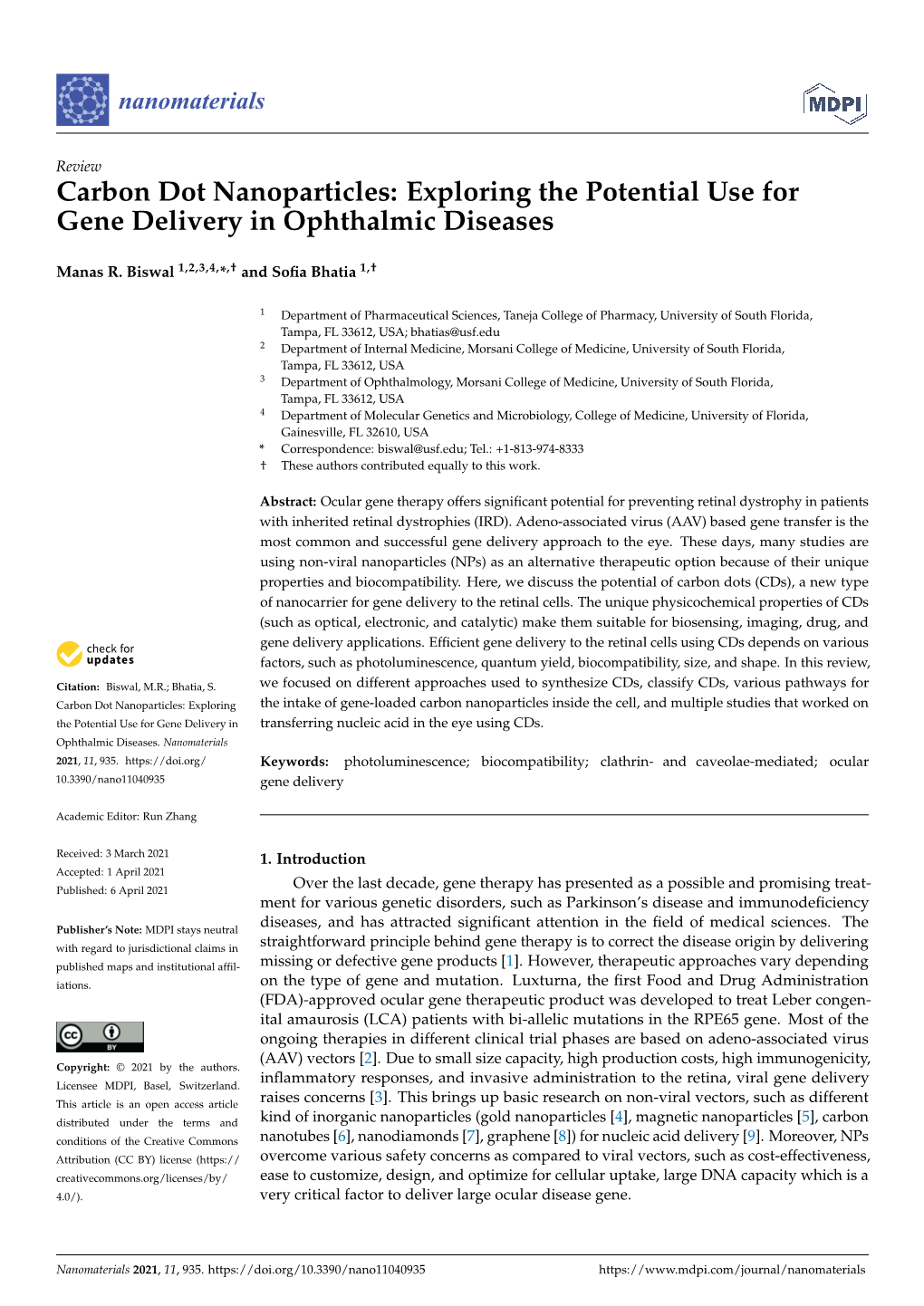 Carbon Dot Nanoparticles: Exploring the Potential Use for Gene Delivery in Ophthalmic Diseases