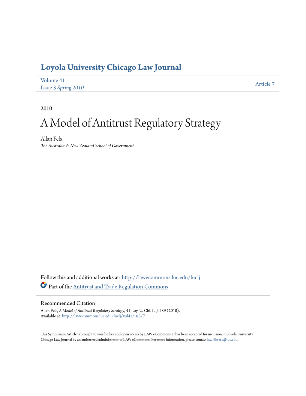 A Model of Antitrust Regulatory Strategy Allan Fels the Australia & New Zealand School of Government